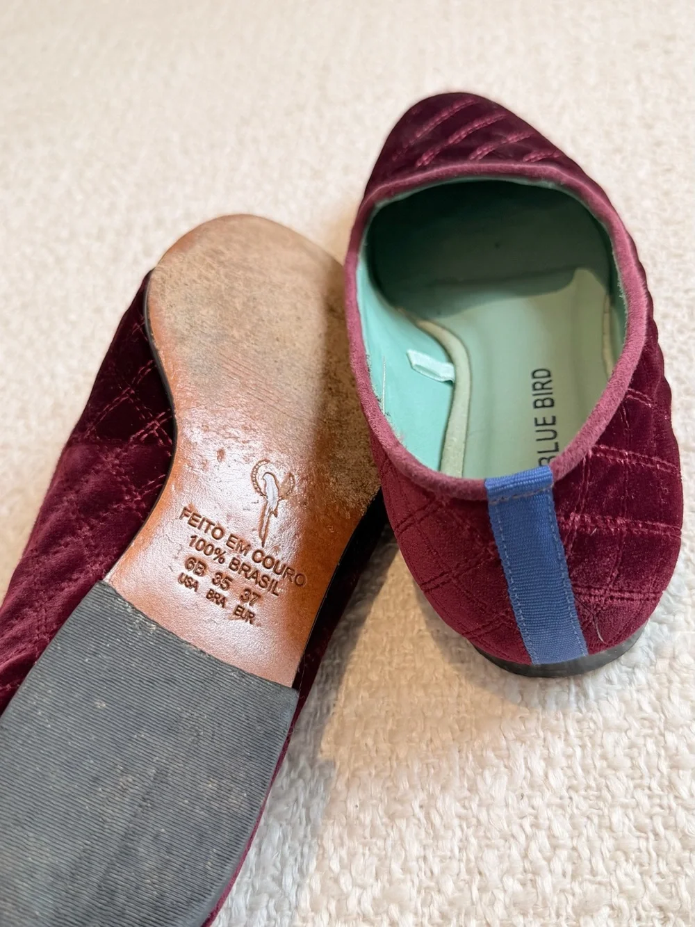 Authentic Blue Bird Burgundy Velvet Quilted Loafers – Size 37